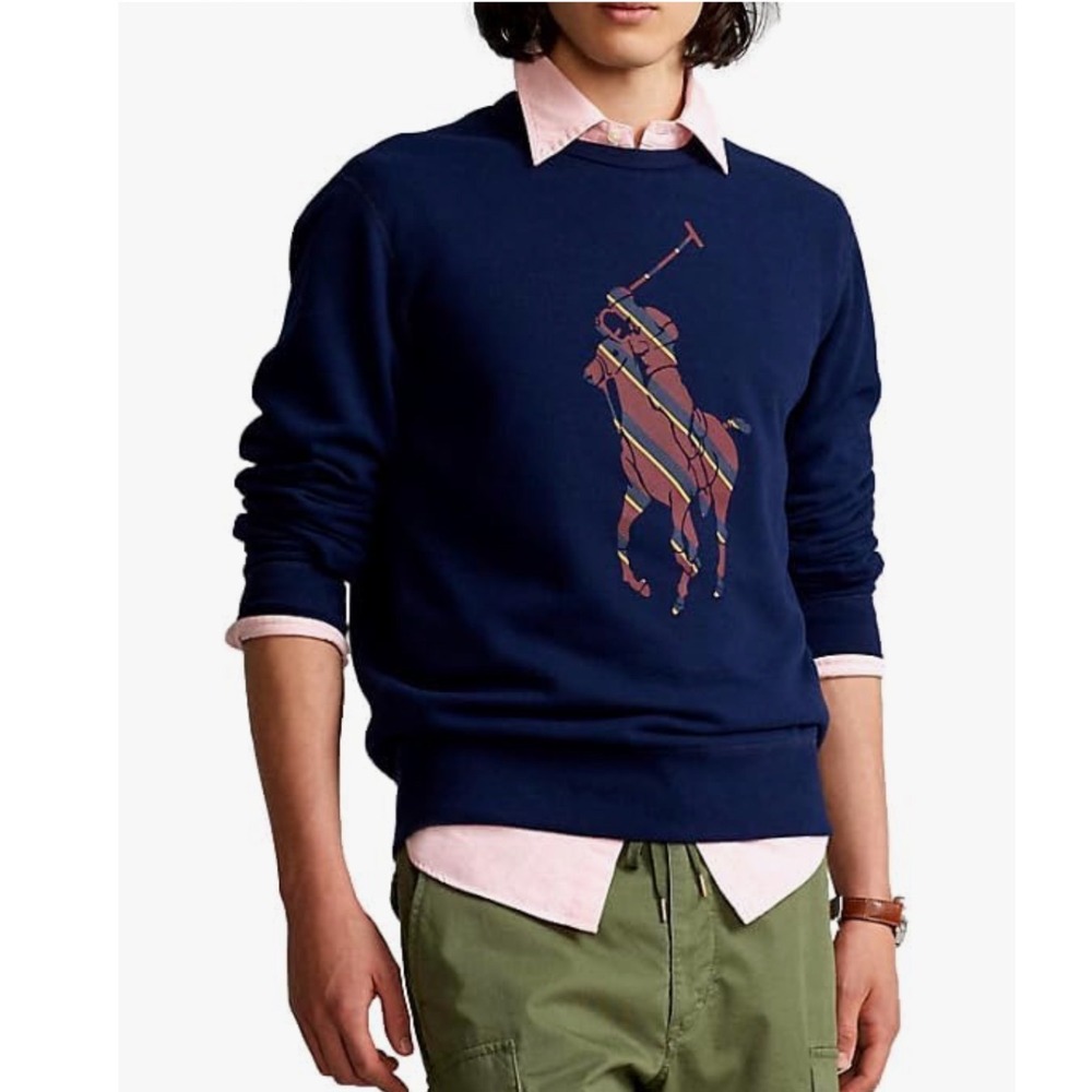 Polo Ralph Lauren Mens Big Pony Striped Graphic Fleece Sweatshirt Navy Blue XL